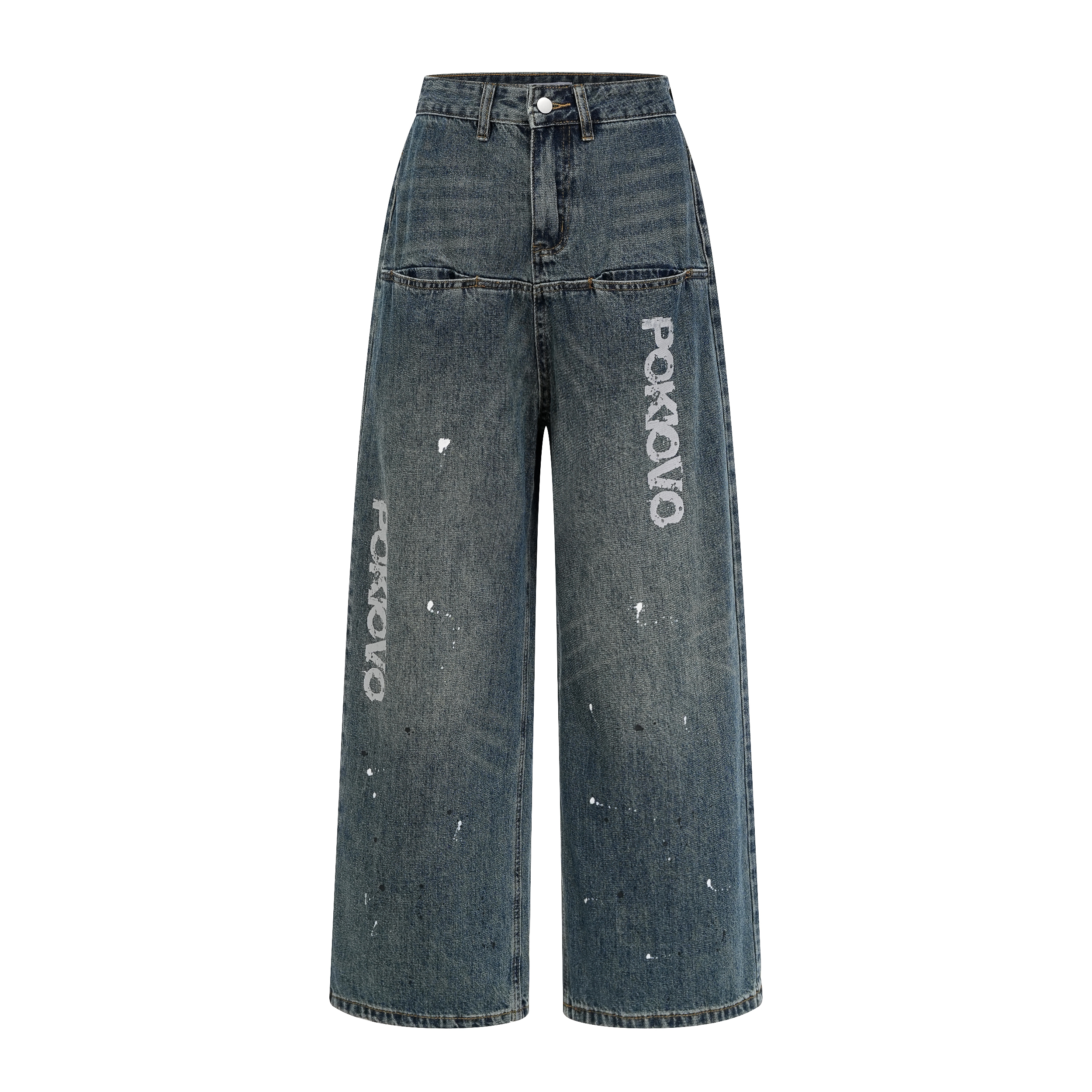 Focus Storm American Vintage Washed Distressed Letter Print Denim Jeans - Unisex Loose Straight-Leg Wide-Leg Jeans - R5009# zx - Focus Storm
