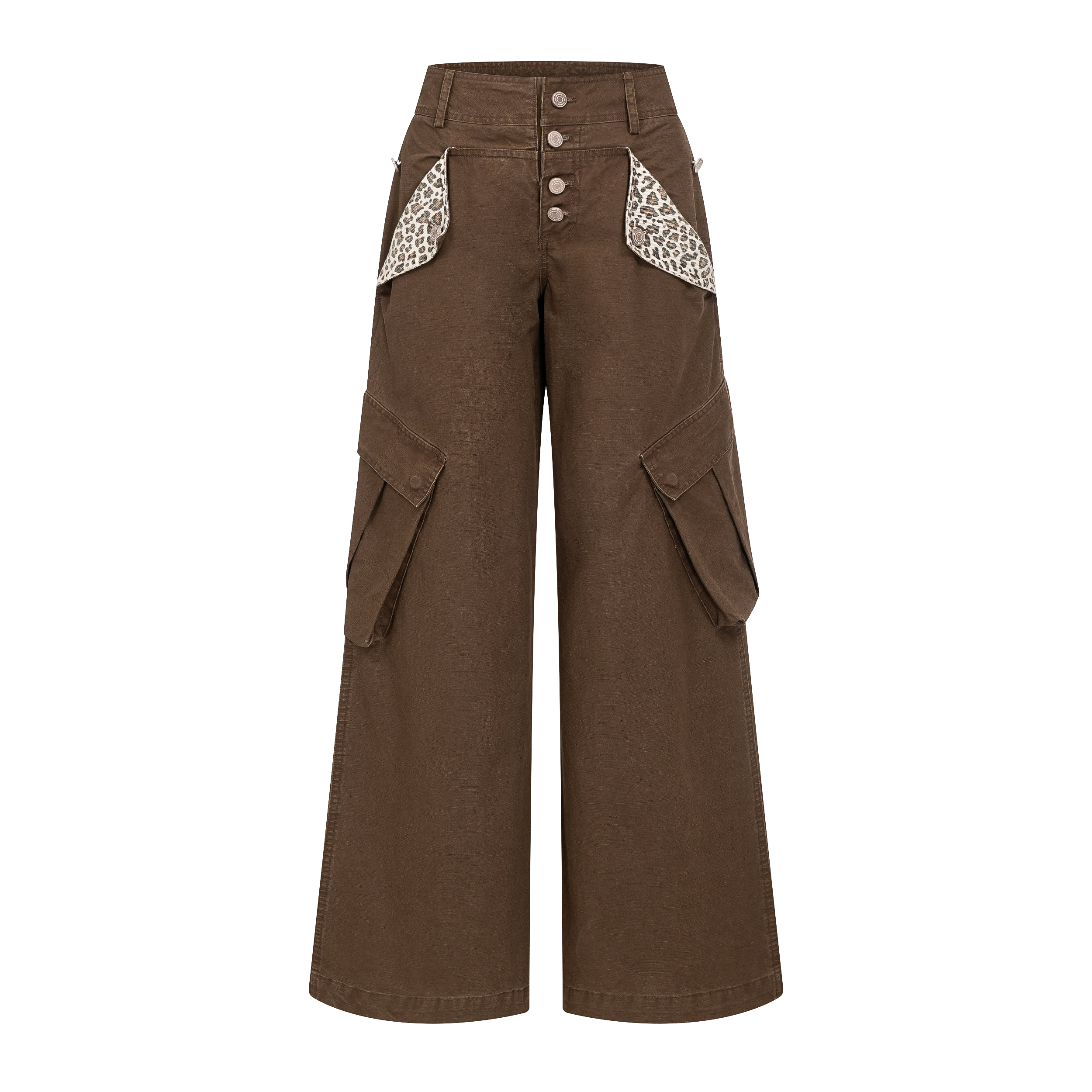 Focus Storm American Retro Large Pocket Design Leopard Patchwork Button Loose Straight Wide-Leg Versatile Jeans R5020# zx - Focus Storm