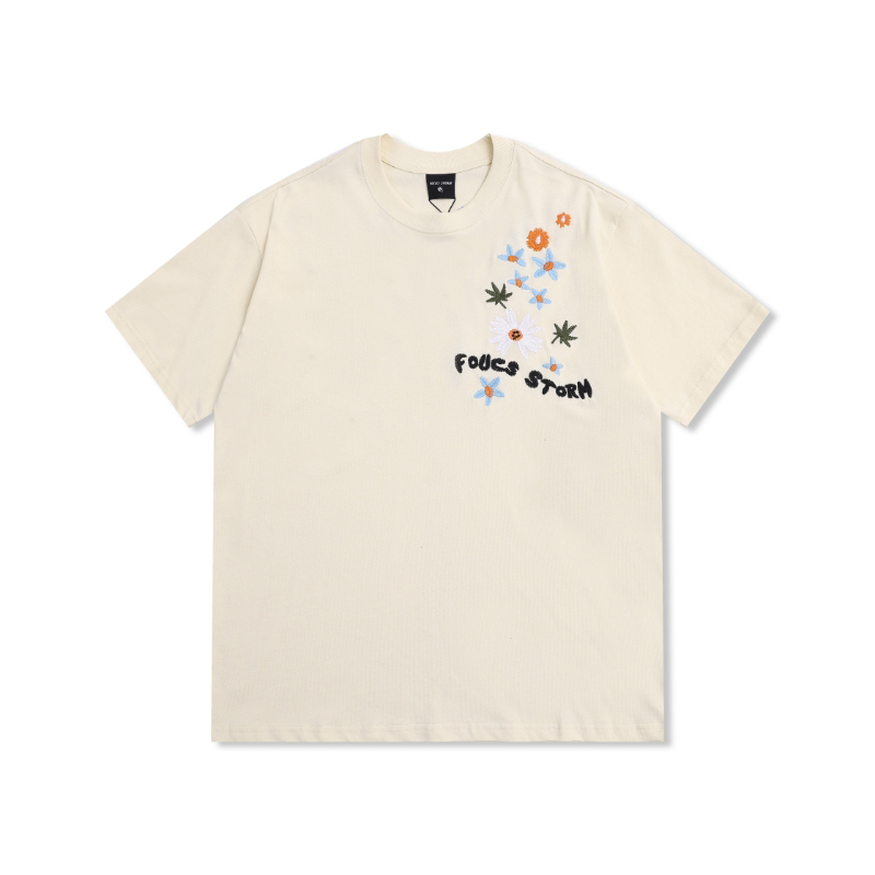 Focus Storm Original Guochao Floral Embroidery Casual Loose Fit Versatile Round Neck Short Sleeve T-Shirt 91006# zx - Focus Storm